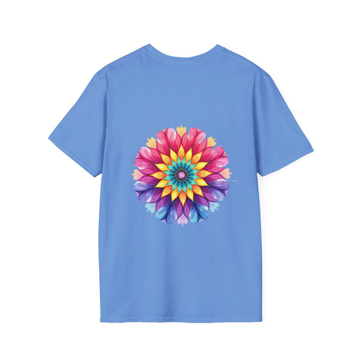 White t-shirt with a vibrant floral mandala design and the quote 'Be kind, be brave, be you' printed in the center