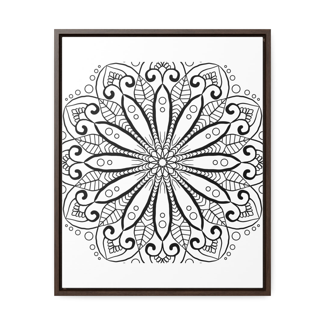 Handmade black and white mandala art on gallery canvas wrap, displayed in a vertical frame