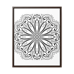 Handmade black and white mandala art on gallery canvas wrap, displayed in a vertical frame