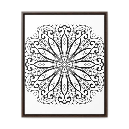 Handmade black and white mandala art on gallery canvas wrap, displayed in a vertical frame