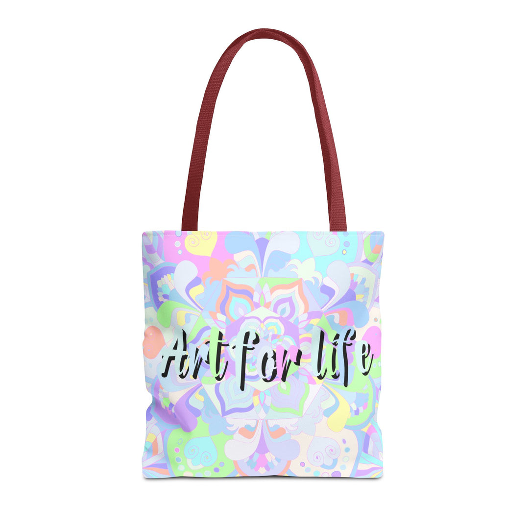 Colorful Mandala Tote Bag featuring 'Art for Life' Quote, perfect for carrying essentials in style and making a statement