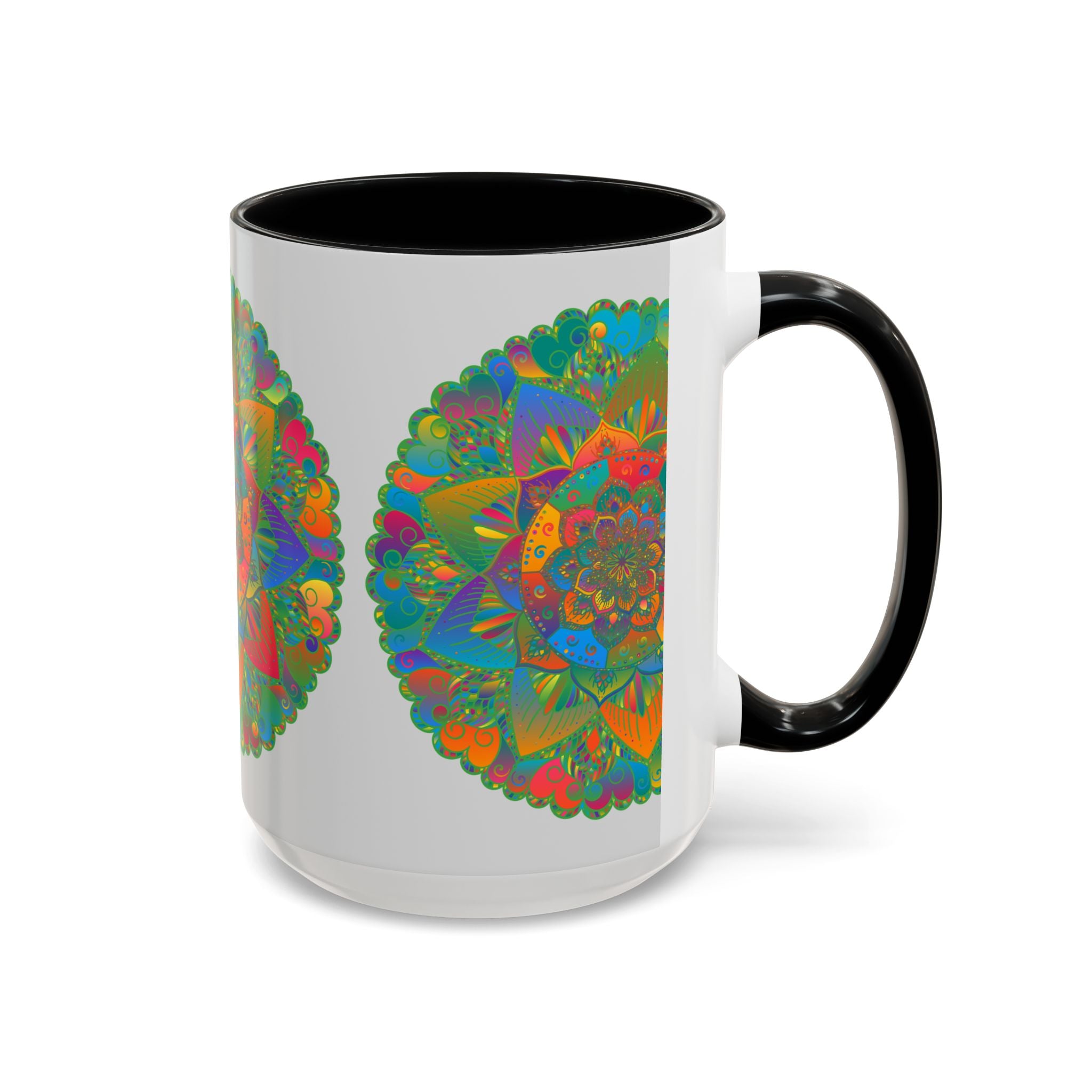 Handcrafted ceramic mug with intricate mandala and colorful floral design