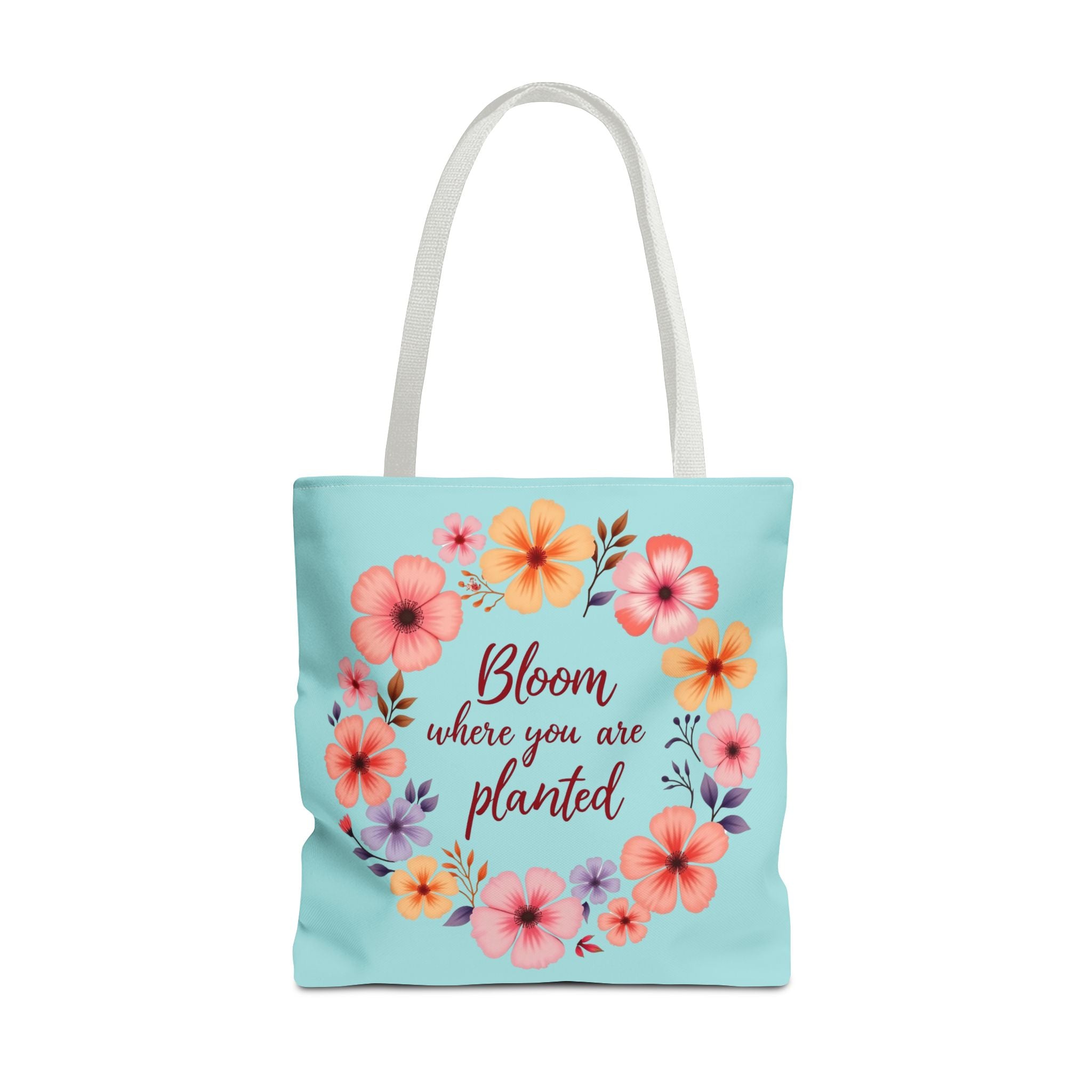 Stylish floral tote bag with the quote 'Bloom Where You Are Planted' available in 3 sizes