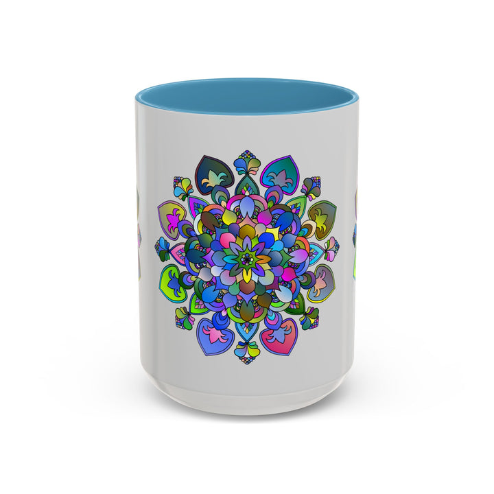 Colorful mandala pattern with floral art on grey coffee mug