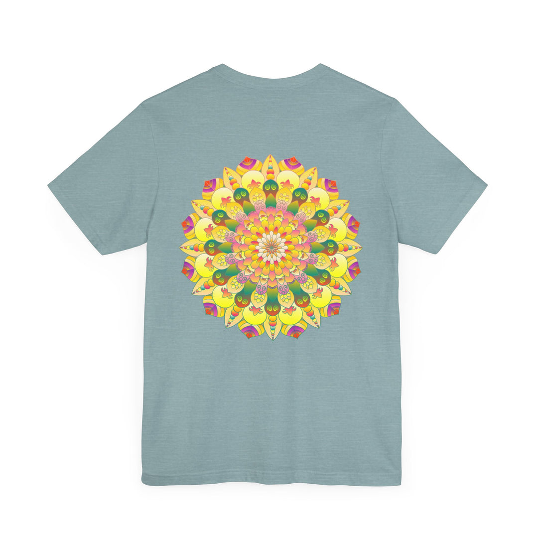 A colorful and intricately designed mandala tee promoting spiritual peace and harmony