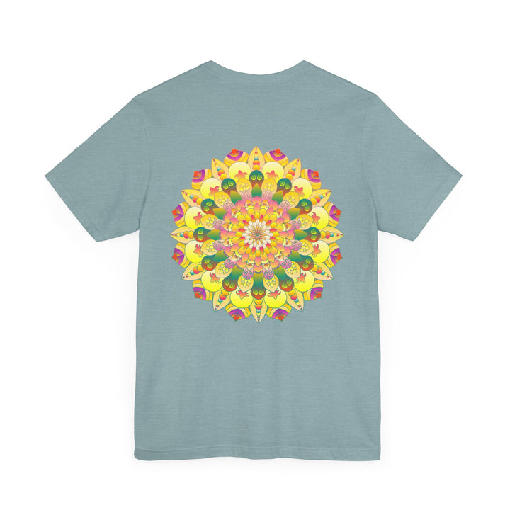 A colorful and intricately designed mandala tee promoting spiritual peace and harmony