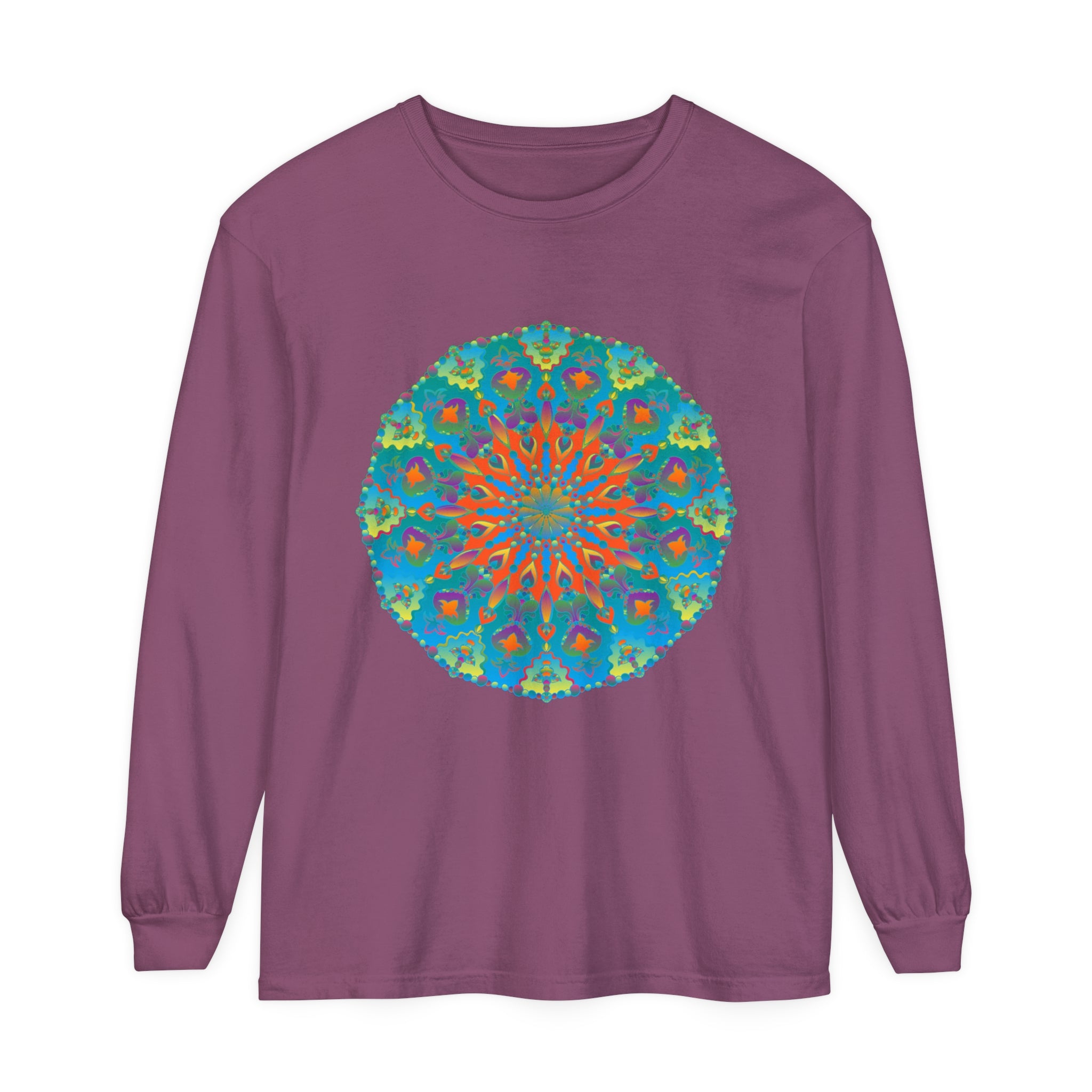 Colorful and intricate rainbow mandala design on a long sleeve t-shirt