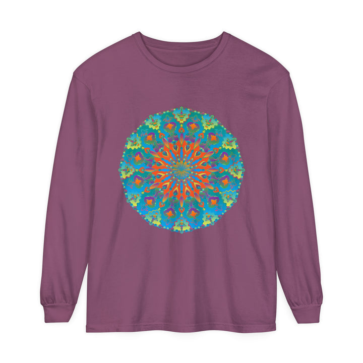 Colorful and intricate rainbow mandala design on a long sleeve t-shirt