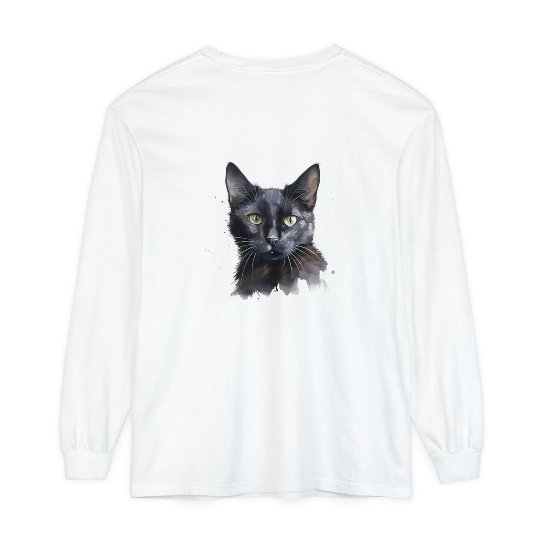 Black Cat Watercolor - Mystical Long Sleeve T-Shirt with vibrant watercolor print of a black cat against a mystical background