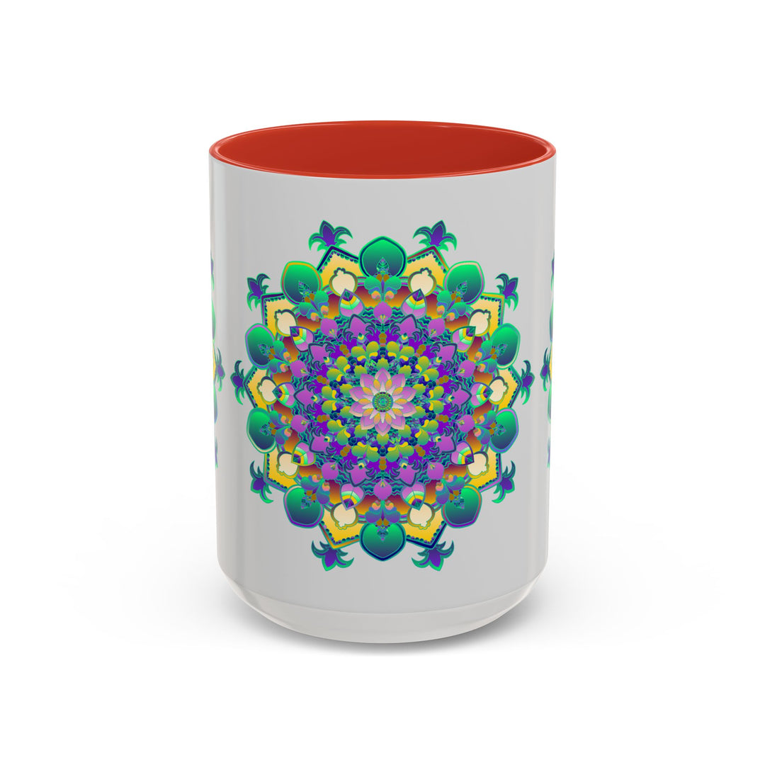 Beautiful light grey mug featuring a vibrant mandala art design