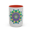 Beautiful light grey mug featuring a vibrant mandala art design