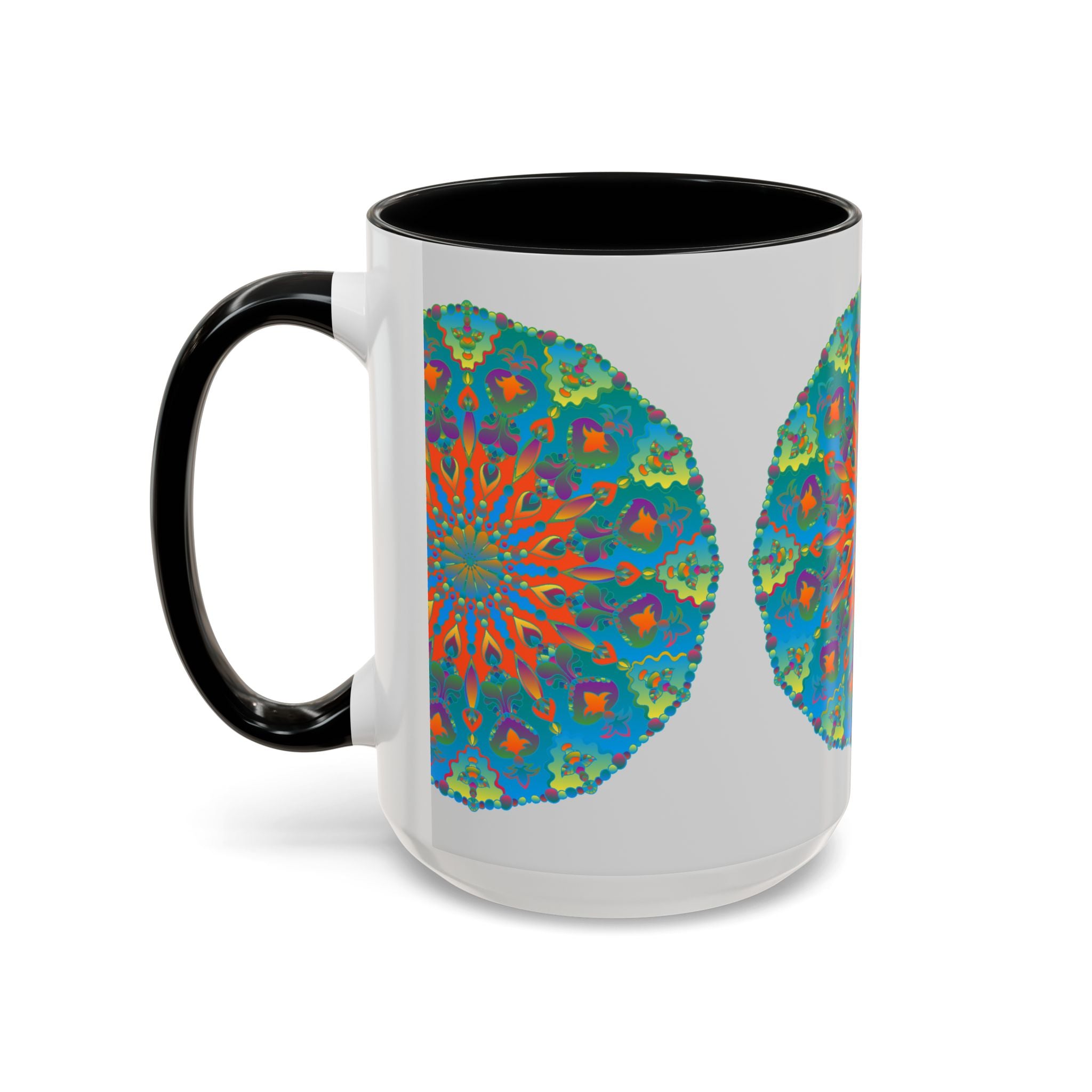 A close-up photo of a ceramic mug with a mandala art design in intricate shades of blue and green, perfect for enjoying your favorite hot beverages in style