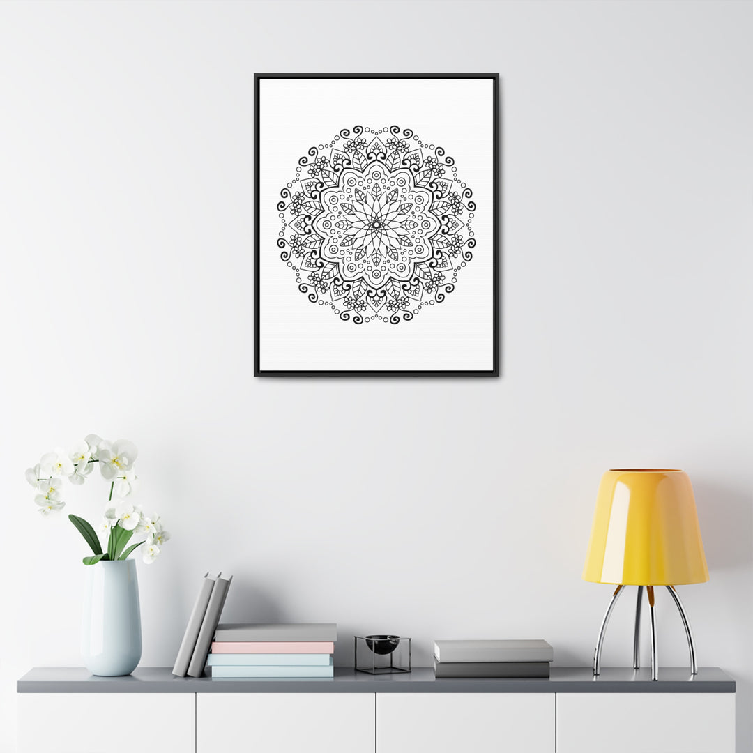 Handmade mandala art in black and white, displayed on a vertical gallery canvas wrap frame