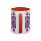 A beautiful purple and pink floral mandala design adorns this ceramic mug