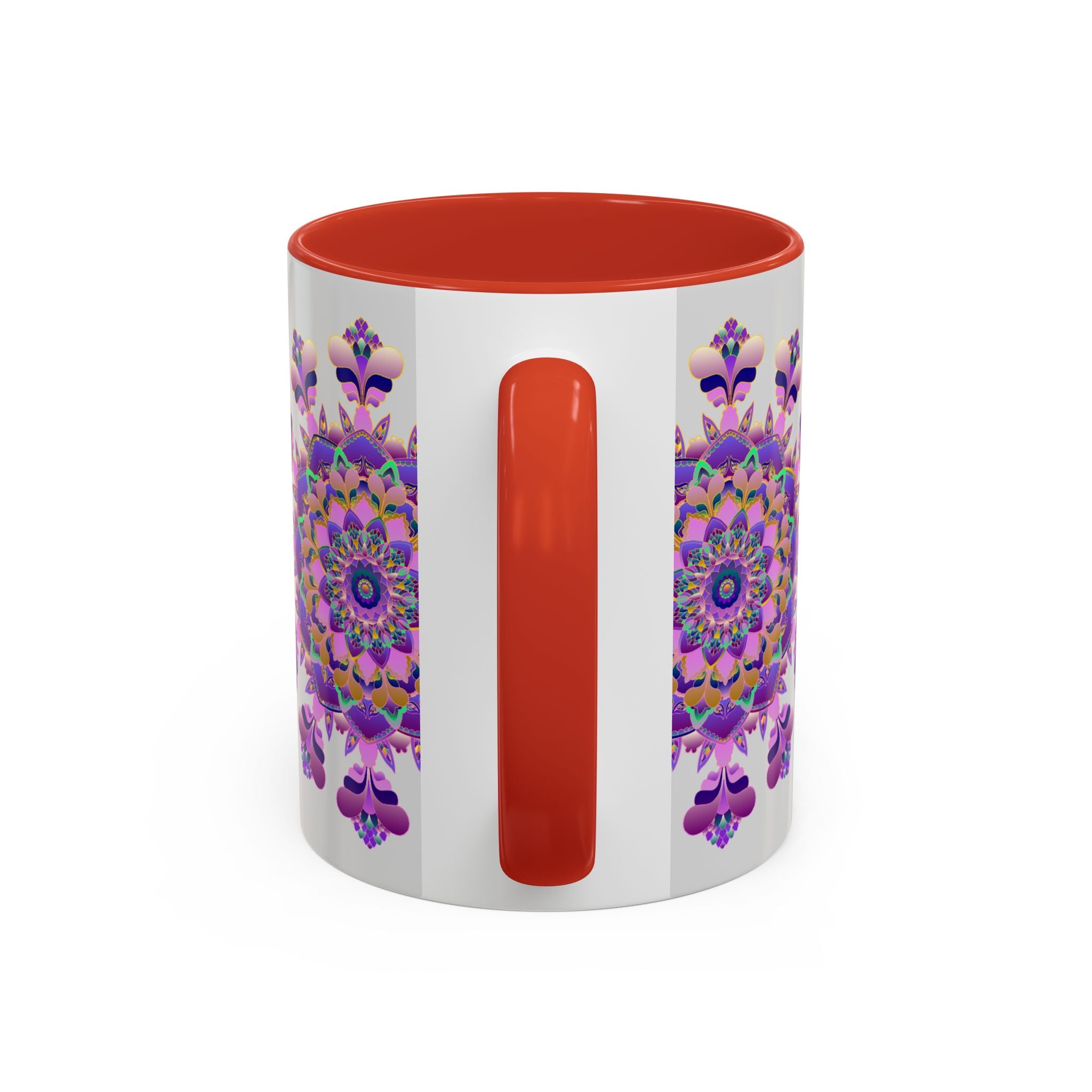 A beautiful purple and pink floral mandala design adorns this ceramic mug