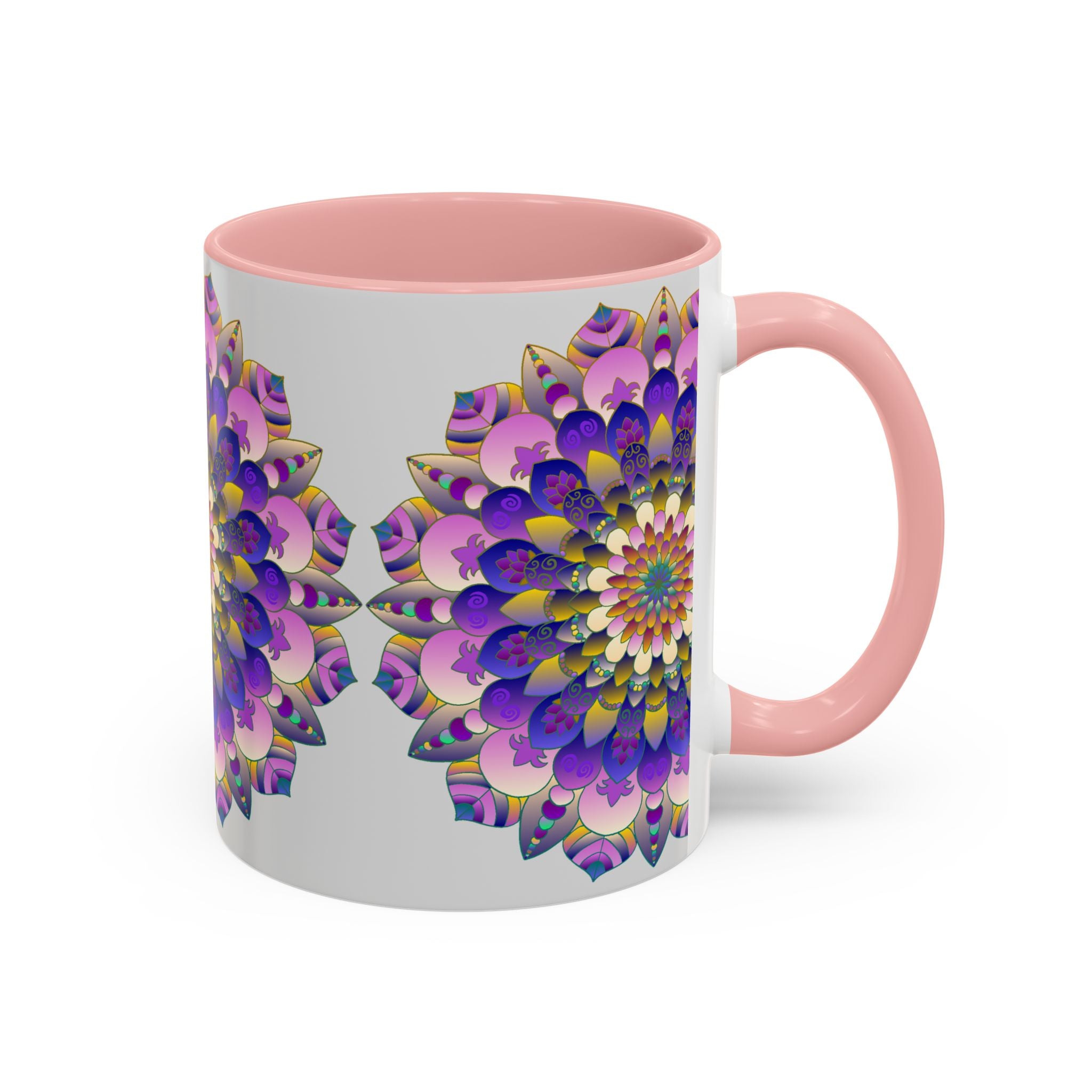 A close-up image of a grey ceramic mug with a vibrant mandala design featuring various colors such as red, blue, yellow, and green