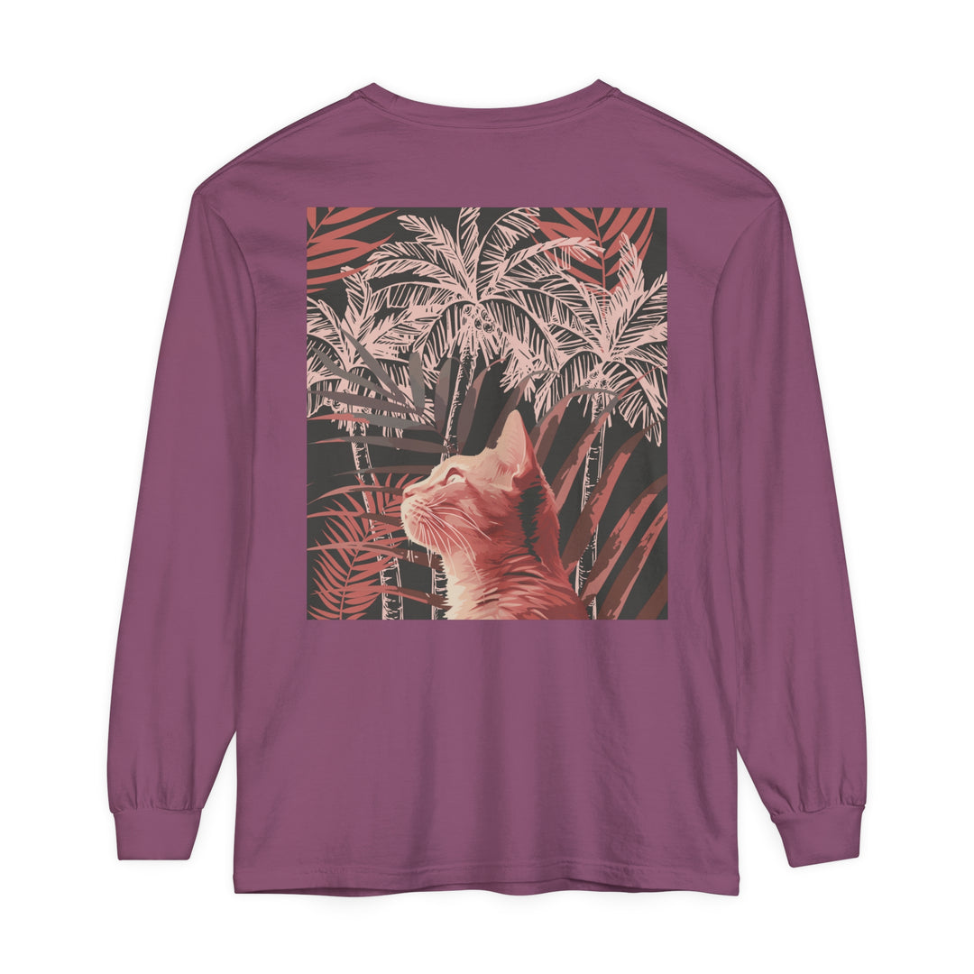 Vibrant ginger cat and palm tree design printed on white t-shirt