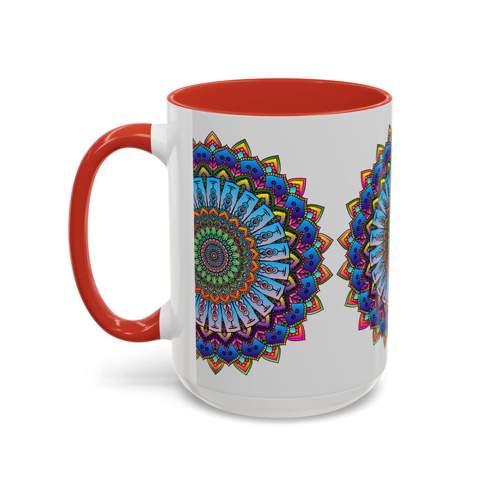 A beautifully designed ceramic mug featuring a vibrant mandala design in various colors on a grey background