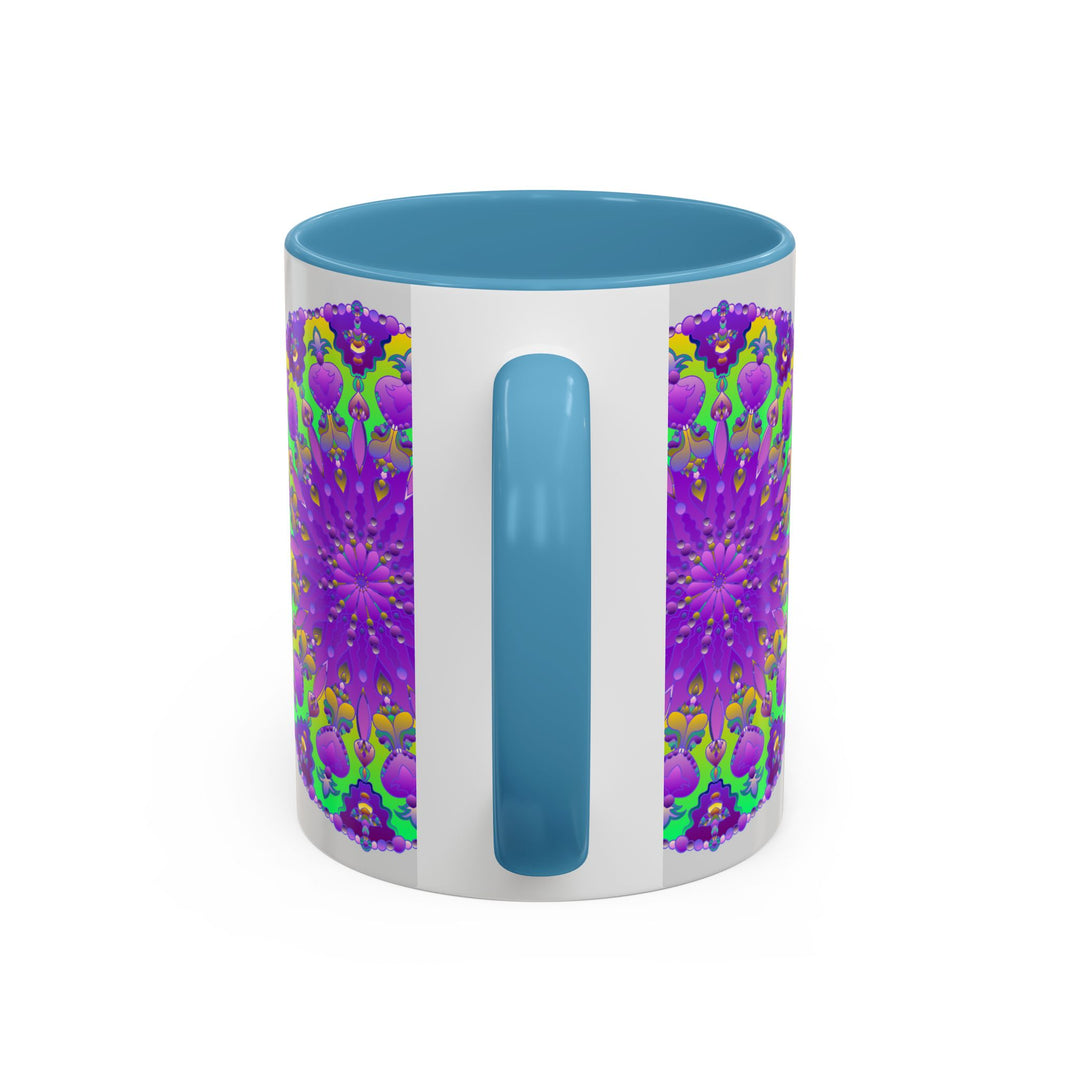 Beautiful purple mandala design on a grey ceramic mug, perfect for enjoying your favorite hot beverages in style