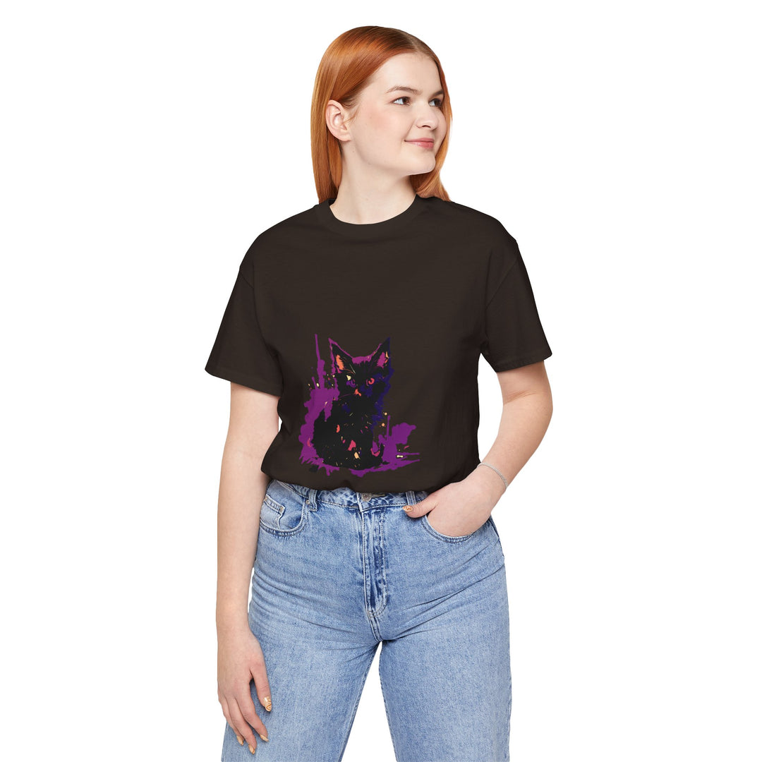 Schwarzes Katzenrätsel – Lila Farbspritzer-T-Shirt
