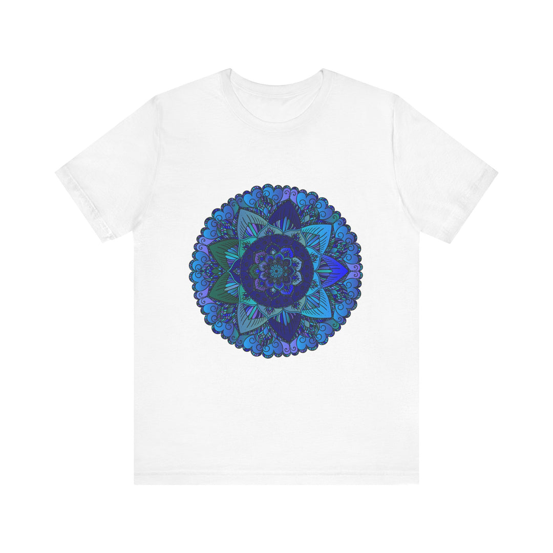 Beautiful dark blue and green mandala t-shirt featuring spiritual art design