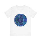 Beautiful dark blue and green mandala t-shirt featuring spiritual art design