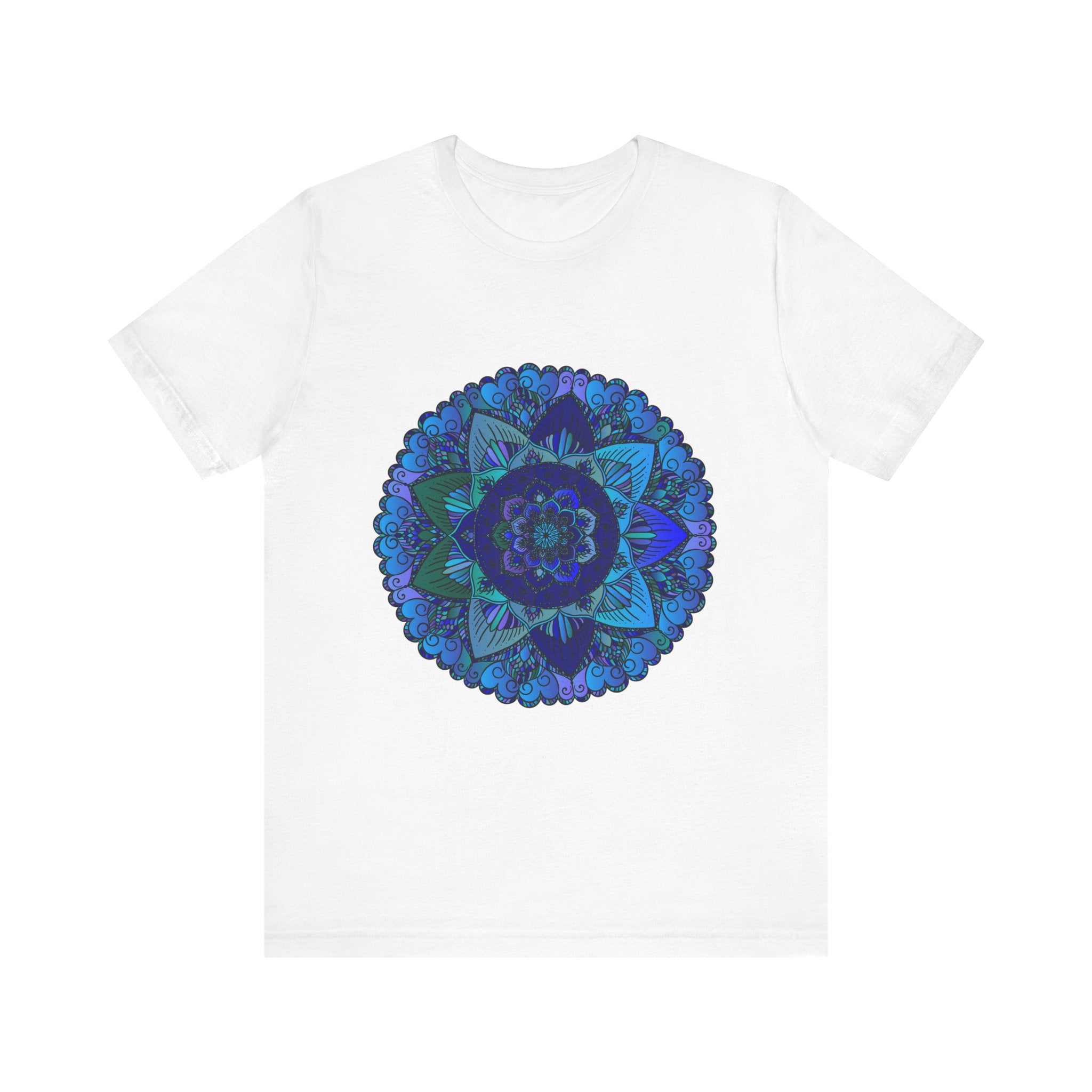 Beautiful dark blue and green mandala t-shirt featuring spiritual art design