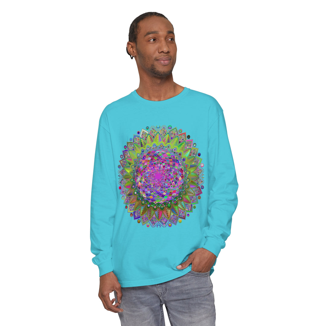 Bold and vibrant mandala design on a unisex long sleeve shirt