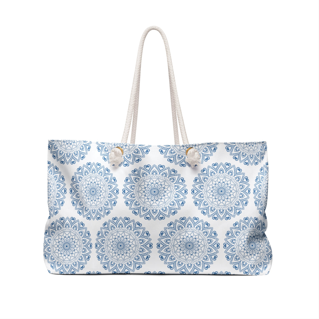 Mandala Design Weekender Bag - Serene Travel Tote in Blue and White