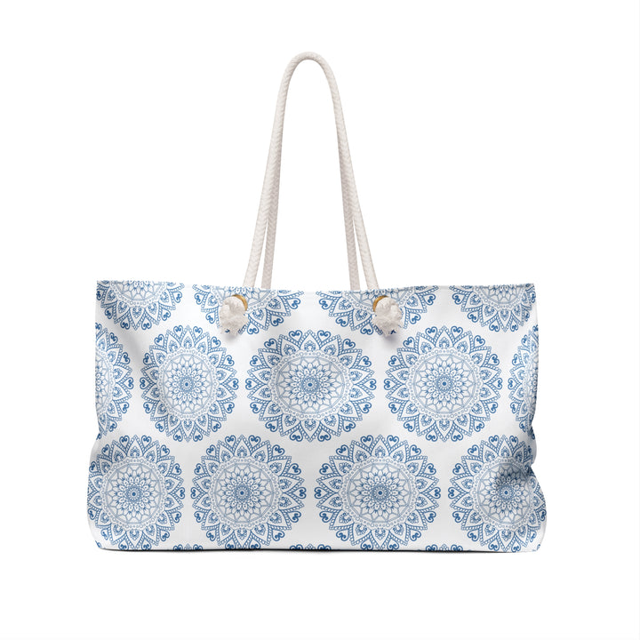 Mandala Design Weekender Bag - Serene Travel Tote in Blue and White