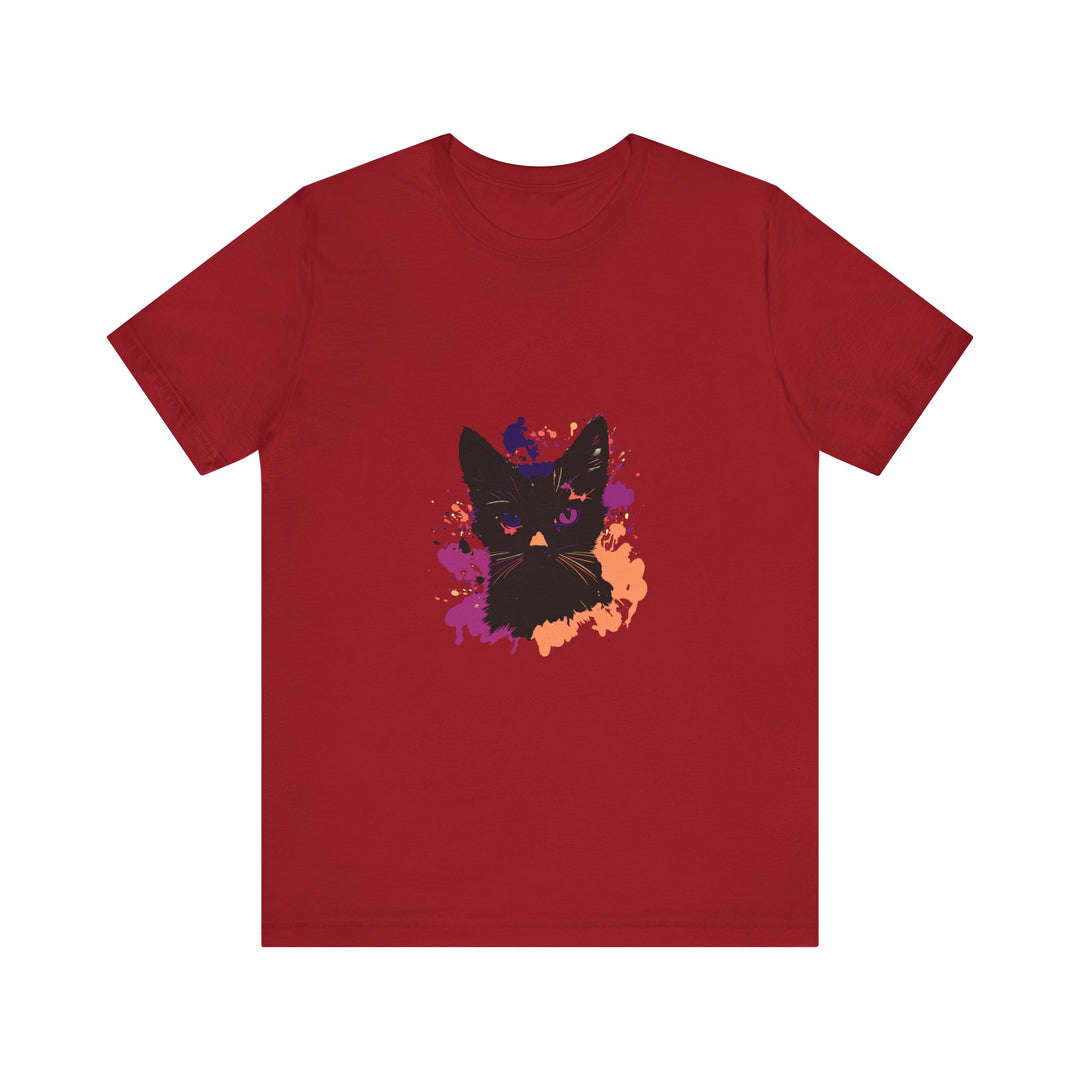 A close-up image of a black cat mystery t-shirt with purple eyes design