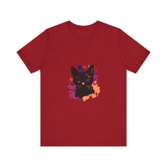A close-up image of a black cat mystery t-shirt with purple eyes design