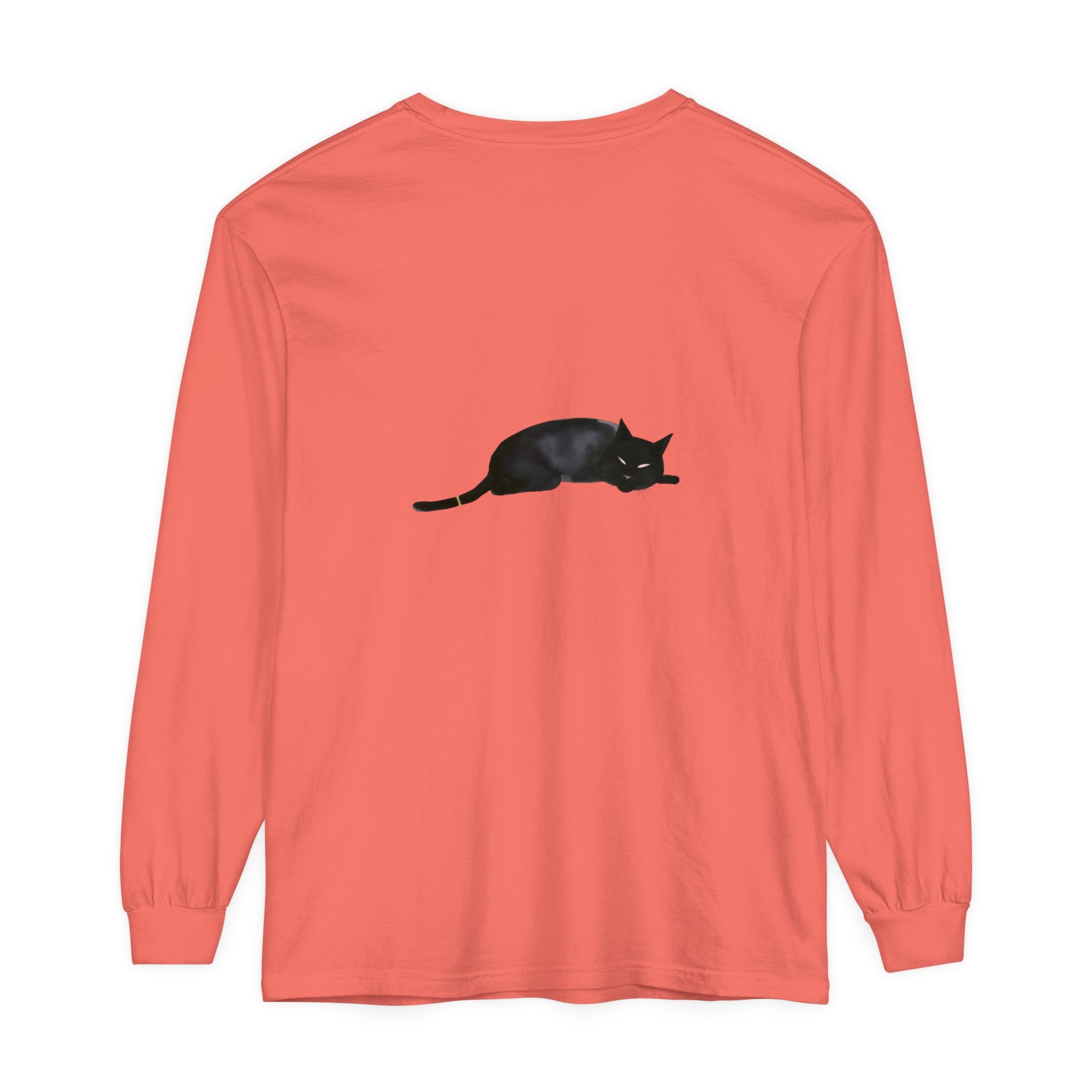 A cozy black cat sleeping on a unisex long sleeve t-shirt