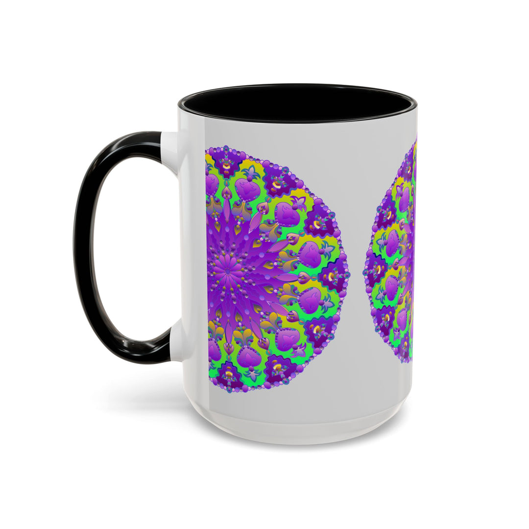 Beautiful purple mandala design on a grey ceramic mug, perfect for adding a vibrant touch to your morning coffee routine