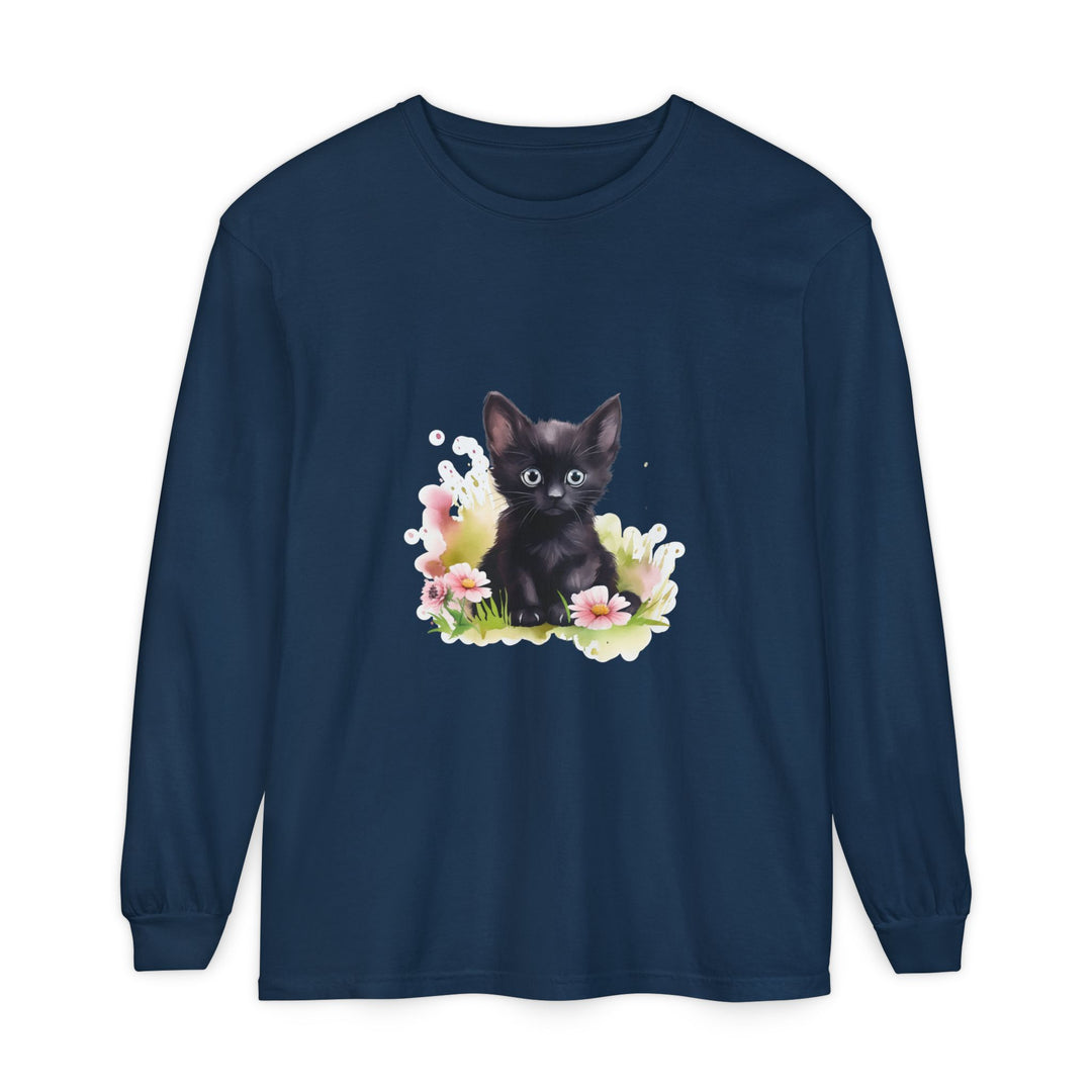 Black Kitten & Pink Flowers Long Sleeve T-Shirt