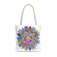Bold and vibrant mandala tote bag with a focus on intricate and detailed design