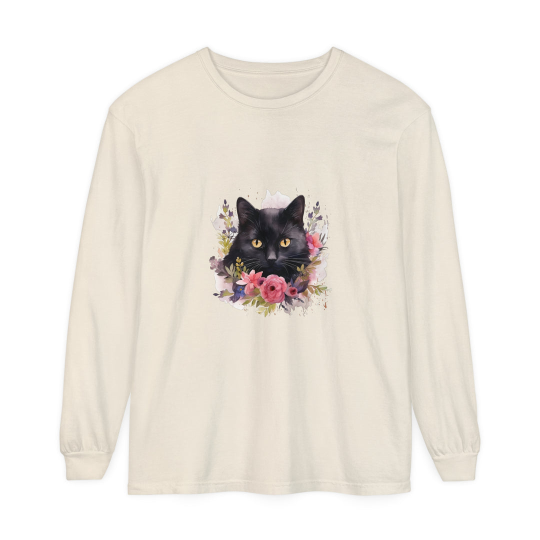 Black Cat Floral Watercolor Long Sleeve T-Shirt with vibrant and detailed hand-painted design