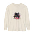 Black Cat Floral Watercolor Long Sleeve T-Shirt with vibrant and detailed hand-painted design