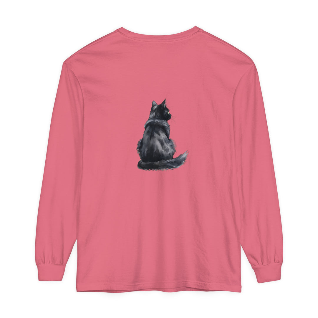 Black cat watercolor long sleeve t-shirt with vibrant and detailed feline illustration