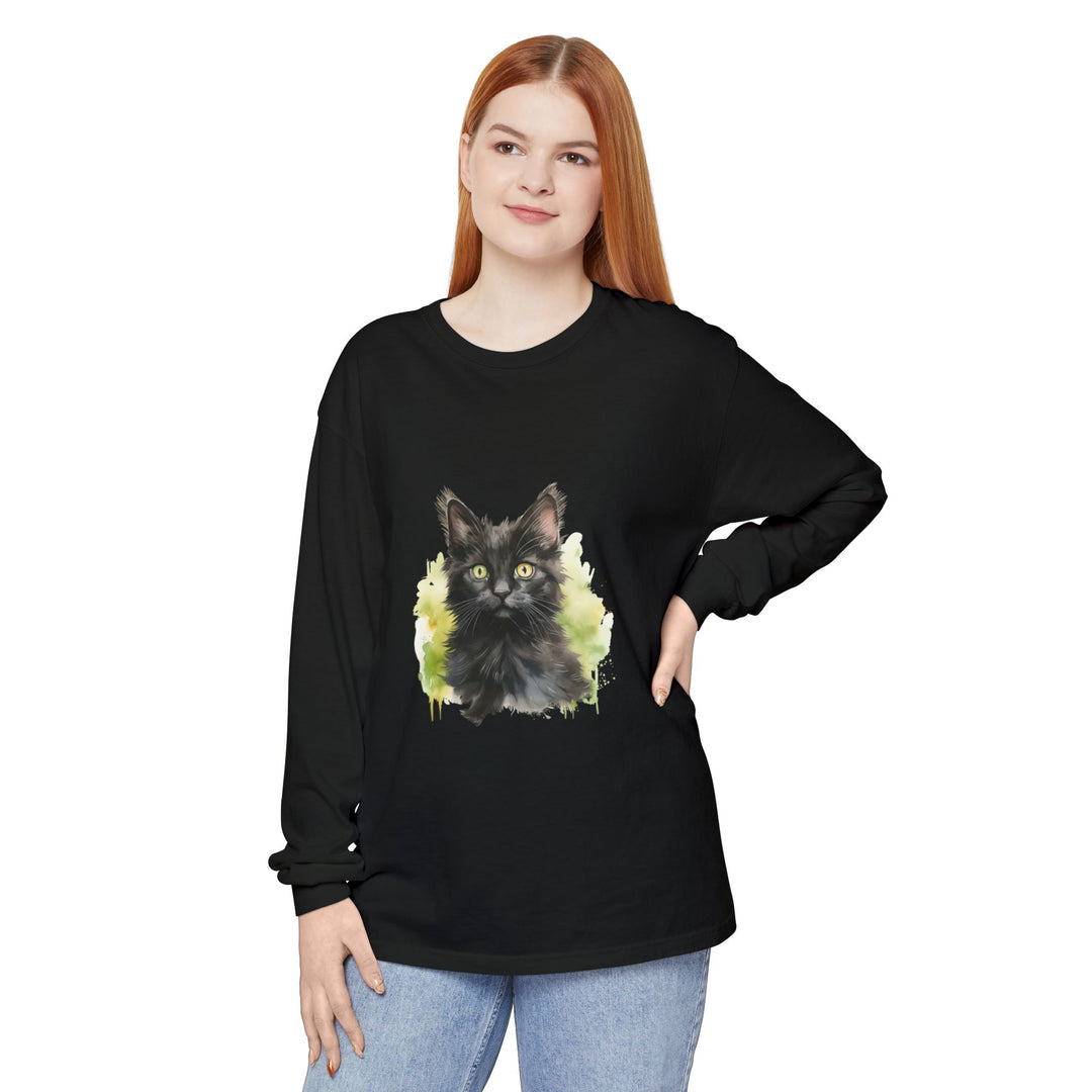 Black Kitten Watercolor Long Sleeve Tee
