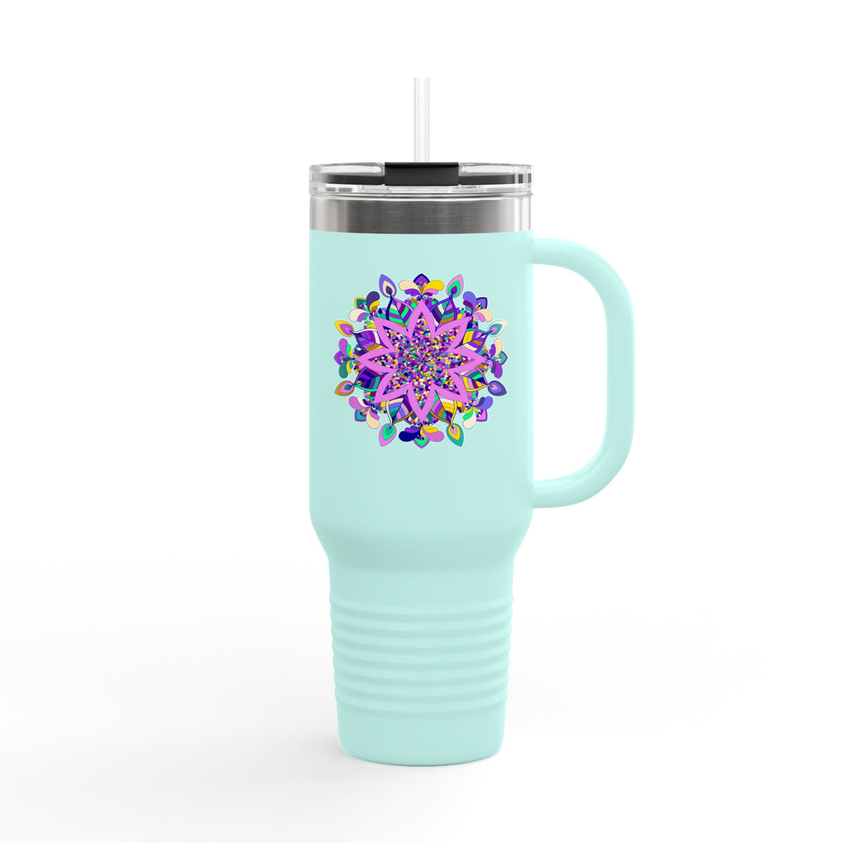 40oz Insulated Travel Mug — Purple Floral Mandala Design