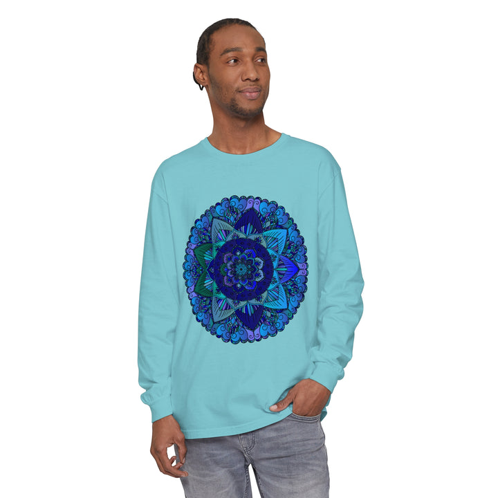 Dark blue and green mandala long sleeve t-shirt with intricate design