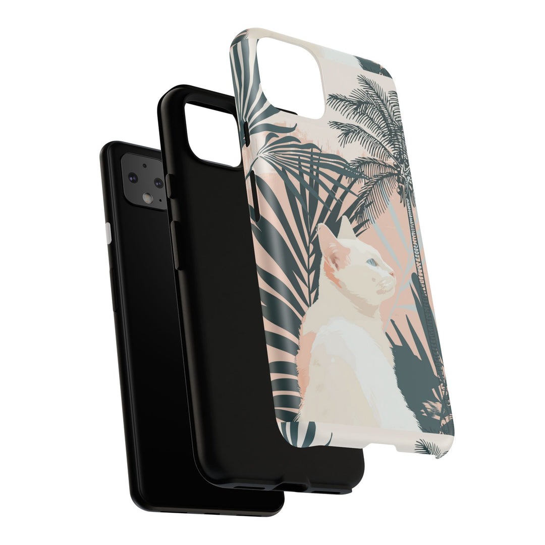 Tropische Katzen-Telefonhülle mit üppigen Palmenmotiven und sanften Pastelltönen