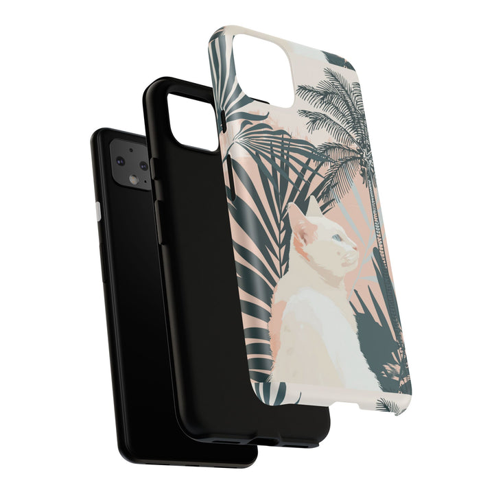 Tropische Katzen-Telefonhülle mit üppigen Palmenmotiven und sanften Pastelltönen