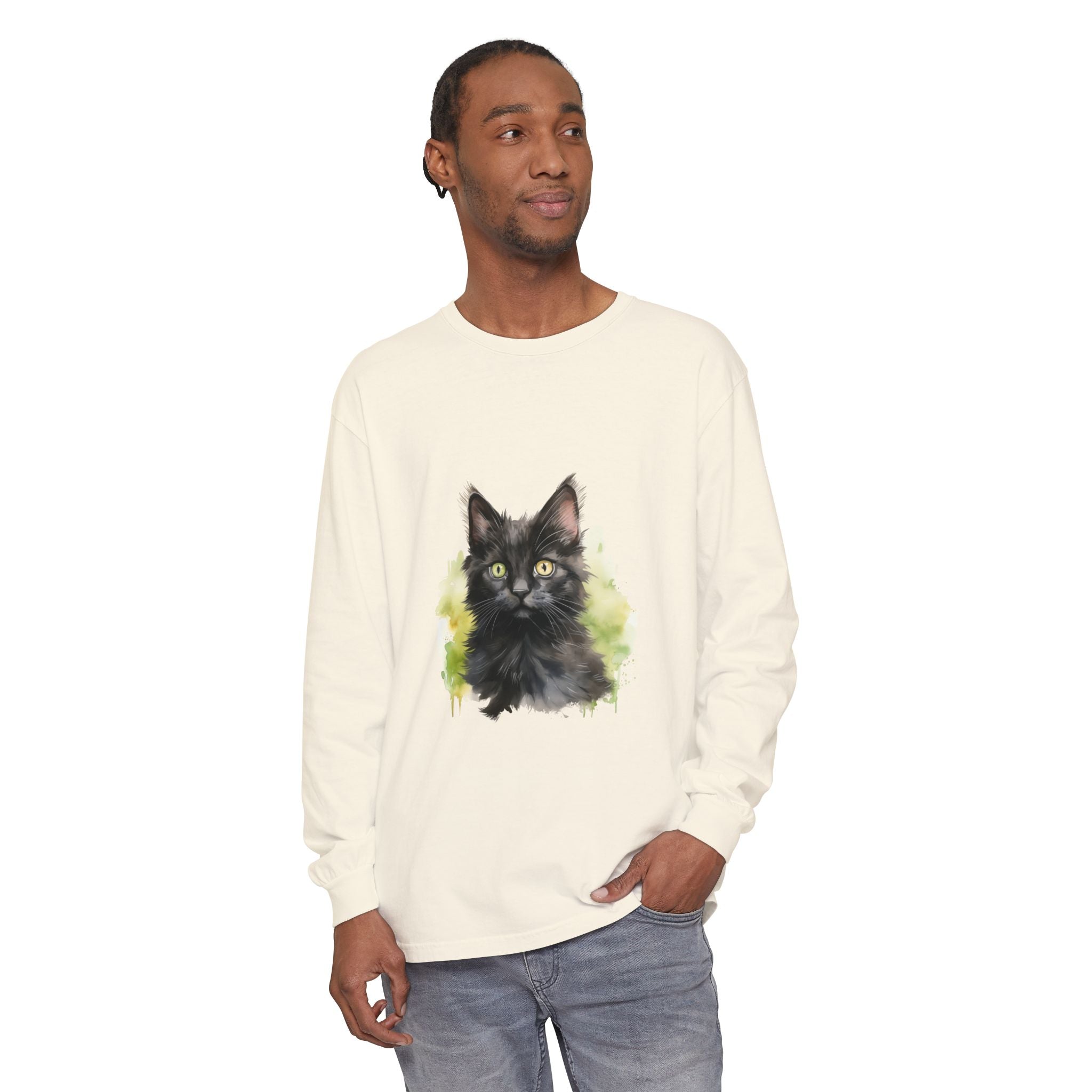 Black Kitten Watercolor Long Sleeve Tee