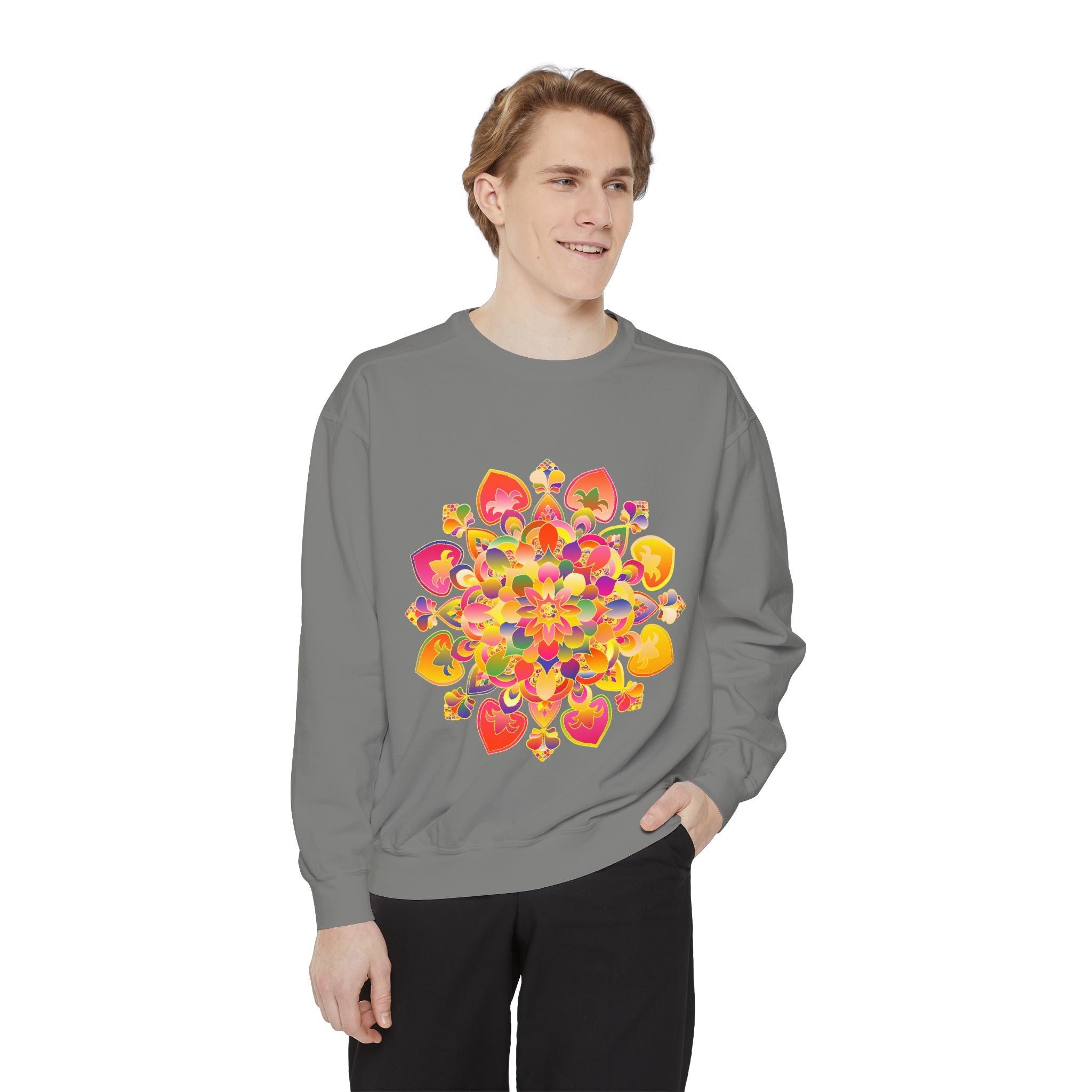 A vibrant mandala sweatshirt featuring a colorful and detailed design