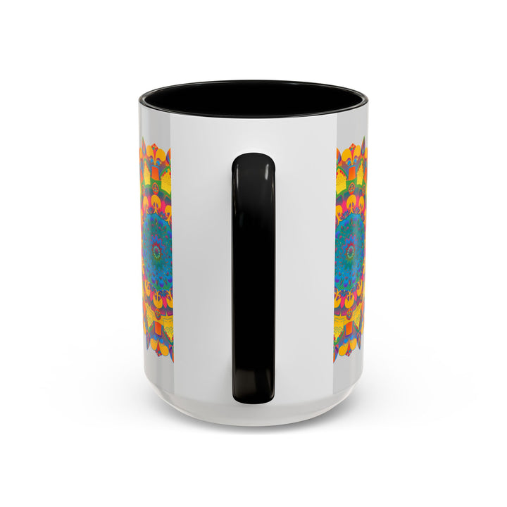 A beautiful white ceramic mug with a colorful floral mandala design