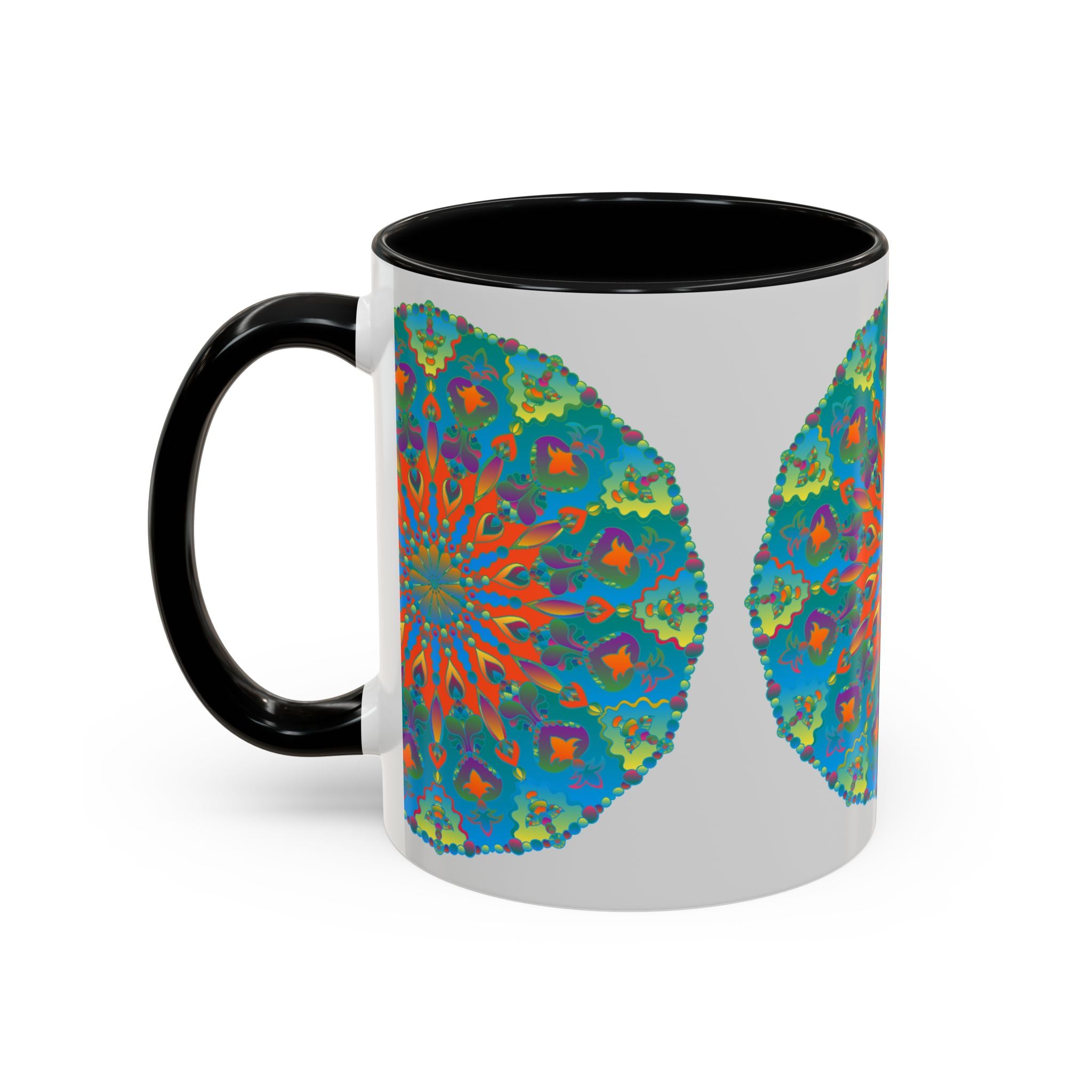 Beautiful mandala art mug with intricate blue and green design, perfect for enjoying your favorite hot beverages in style and comfort