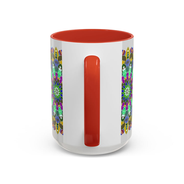 A beautiful ceramic mug featuring a vibrant mandala art design in a variety of bright and calming colors, perfect for enjoying a soothing cup of tea or coffee