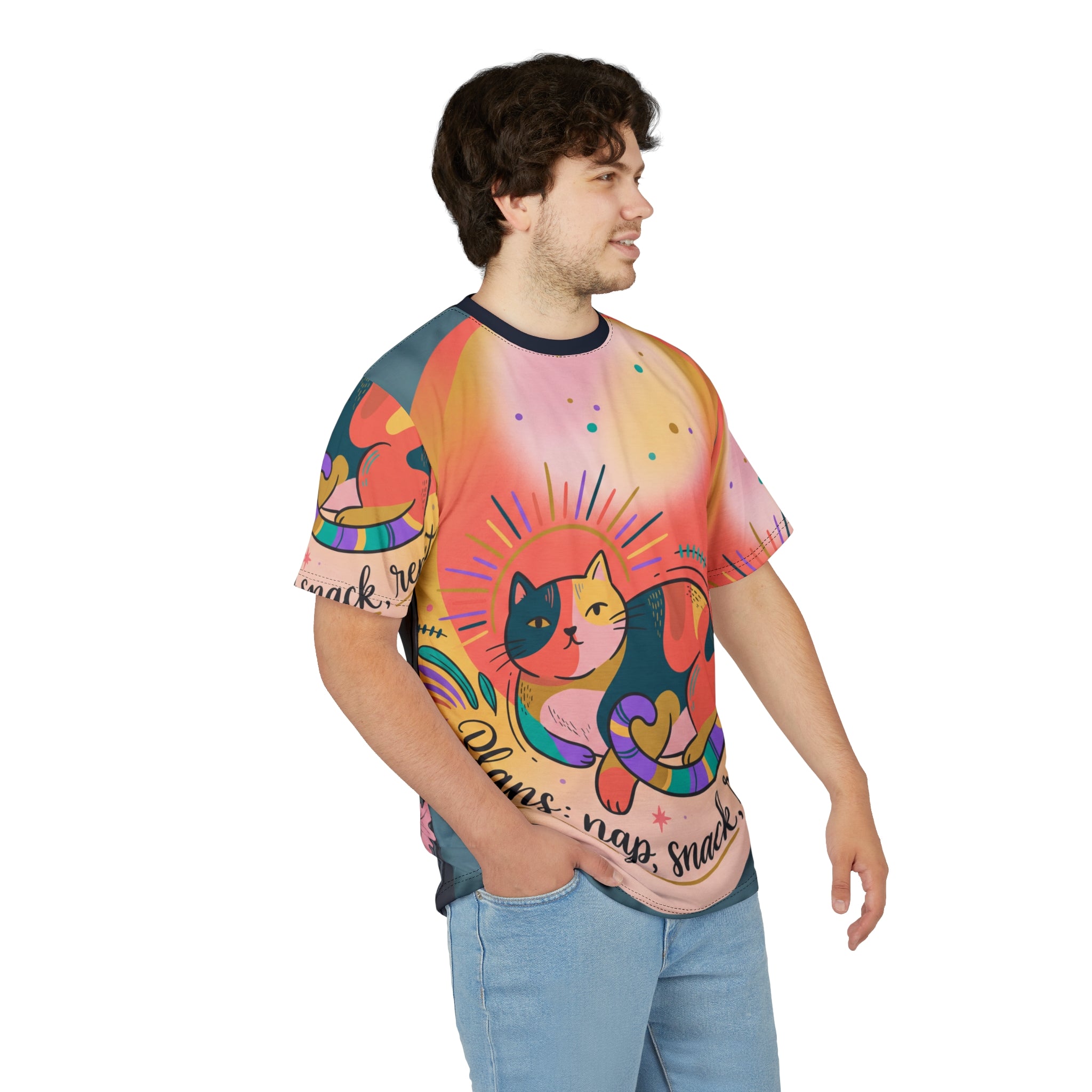 T-Shirt „Katze Sonne &amp; Schatten“ – „Nickerchen, Snack, Wiederholung“